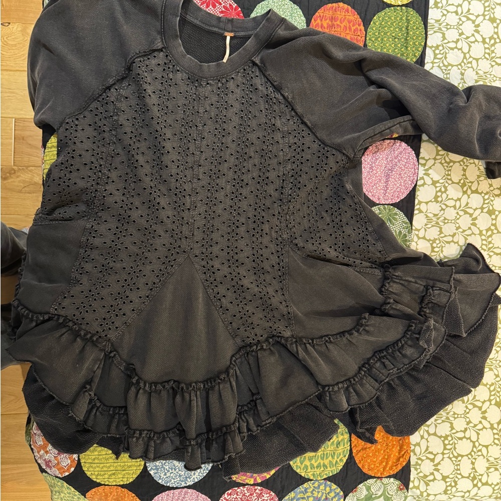 Free People Black Ruffled Sweatshirt
